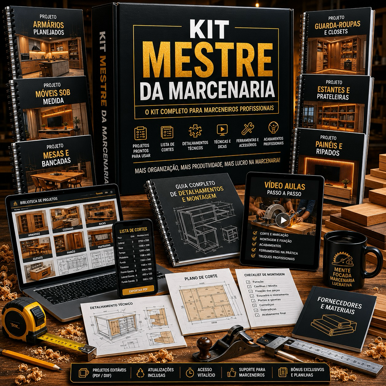 Kit Mestre da Marcenaria — projetos, planilhas e detalhamentos técnicos
